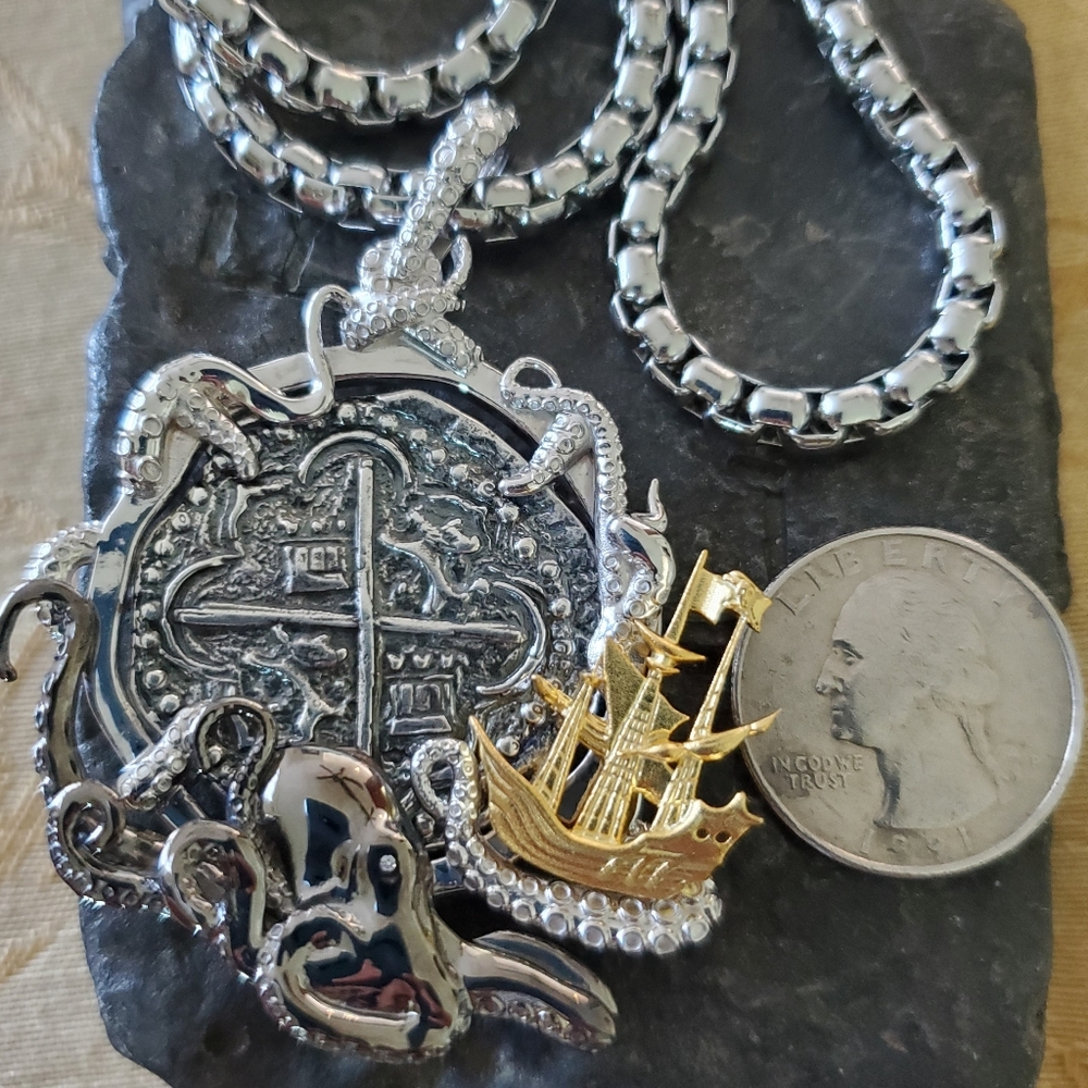 Atocha silver with sterling bezel black rhodium octopus galleon comes with chain
